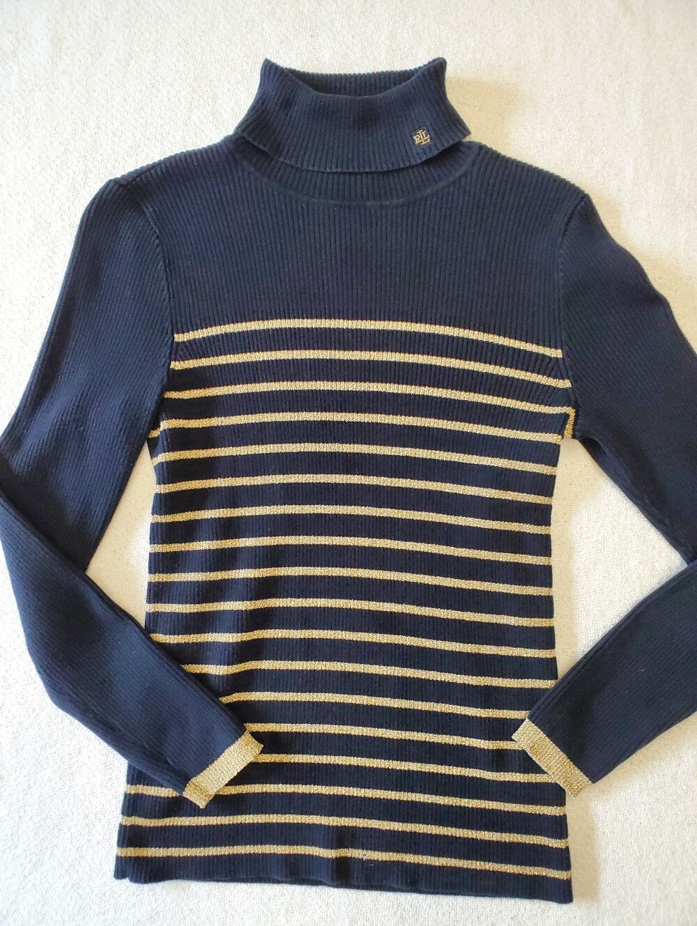 Lauren Ralph Lauren Navy Gold Striped Ribbed Turtleneck Sweater Sz M LRL Logo